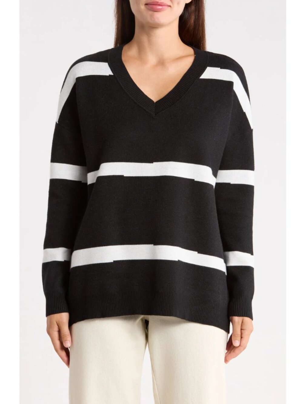Patrizia Luca Black Striped V-Neck Oversized Sweater One Size NWT